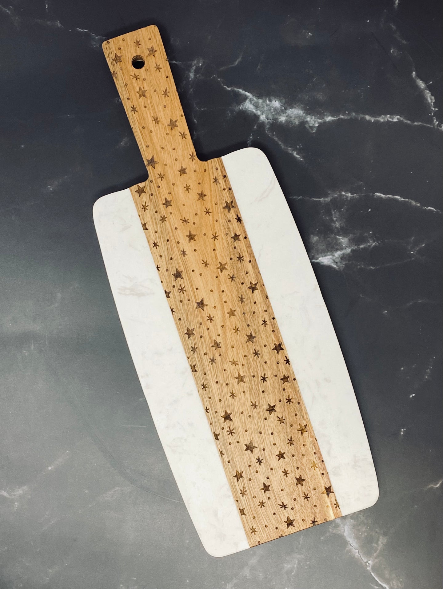 Stars White Marble and Wood Serving Tray